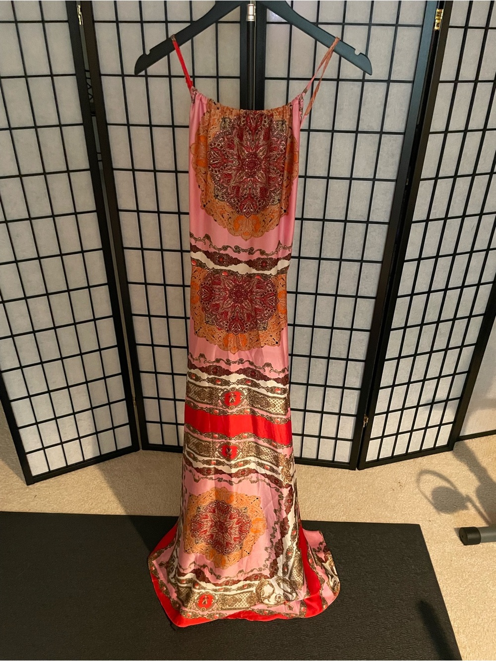 AKIRA Pink & Red Boho Maxi Slip Dress with Paisley Medallions